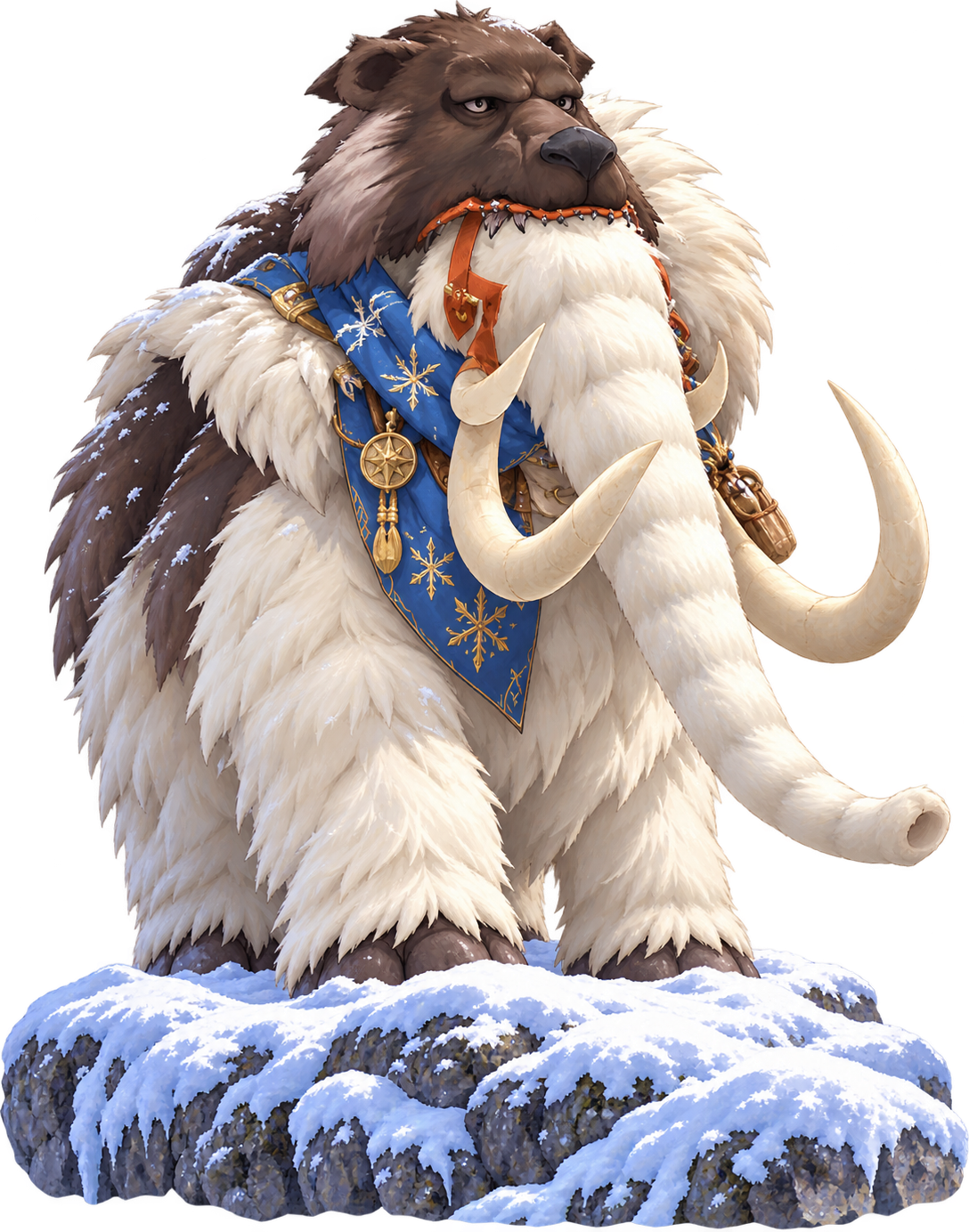 A large mammoth in a blue snowflake scarf, standing on a snowy rock