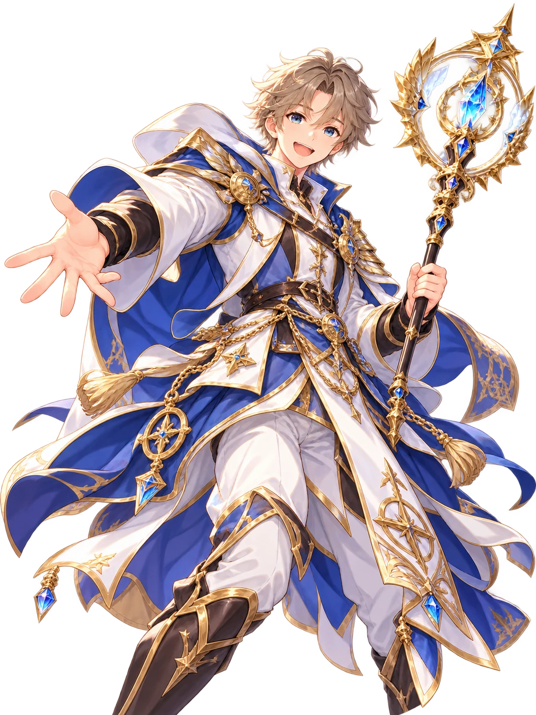 A healer reaching out a hand, a golden staff in the other